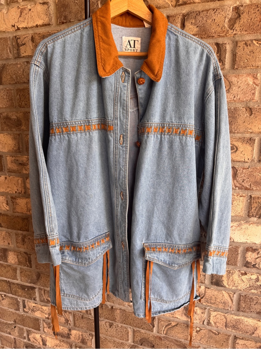 Vintage AT Sport Denim Jacket S Fringe Western Southwestern Boho Oversized - Picture 9 of 16